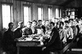 Men gathered for Thanksgiving in 1919 in the Conscientious Objector Prison Camp dining hall at Fort Douglas, Utah.  